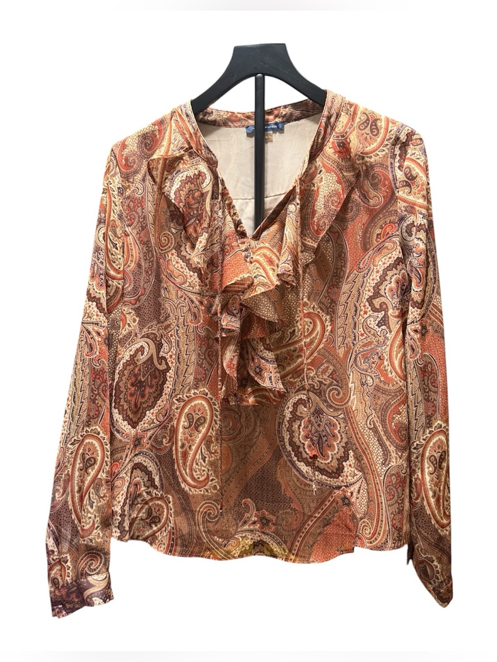 Tommy Hilfiger Paisley Ruffle Blouse Women’s Large Sheer Long Sleeve